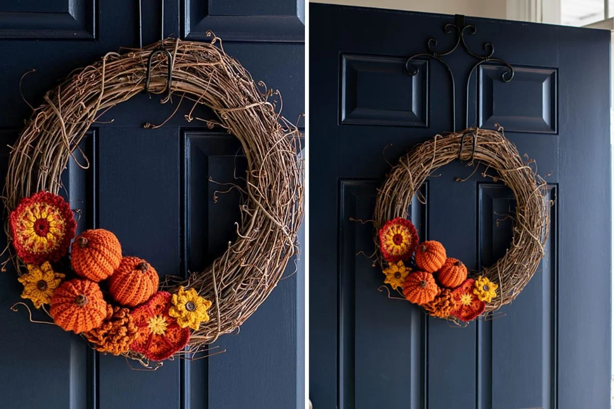 A dark door showcases a rustic, auto draft-inspired wreath made of twigs, adorned with knitted orange pumpkins and flowers in vibrant autumn colors.