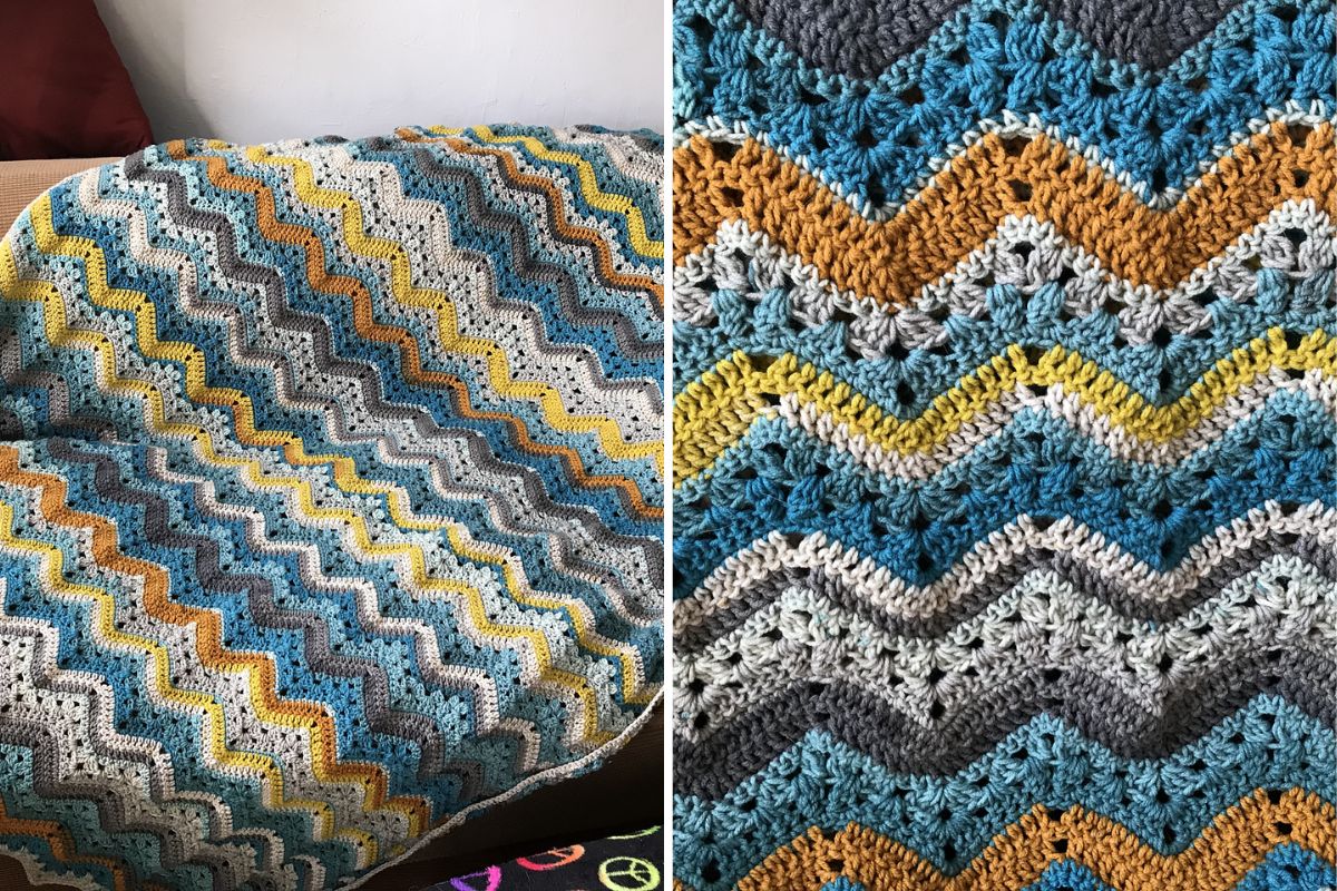 A crochet blanket, featuring a zigzag pattern in blue, yellow, gray, and white.