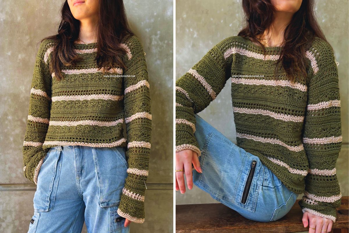 A person wears a green and beige striped long sleeve crochet sweater and blue cargo pants. They are seated in one image and standing in another, against a neutral background.