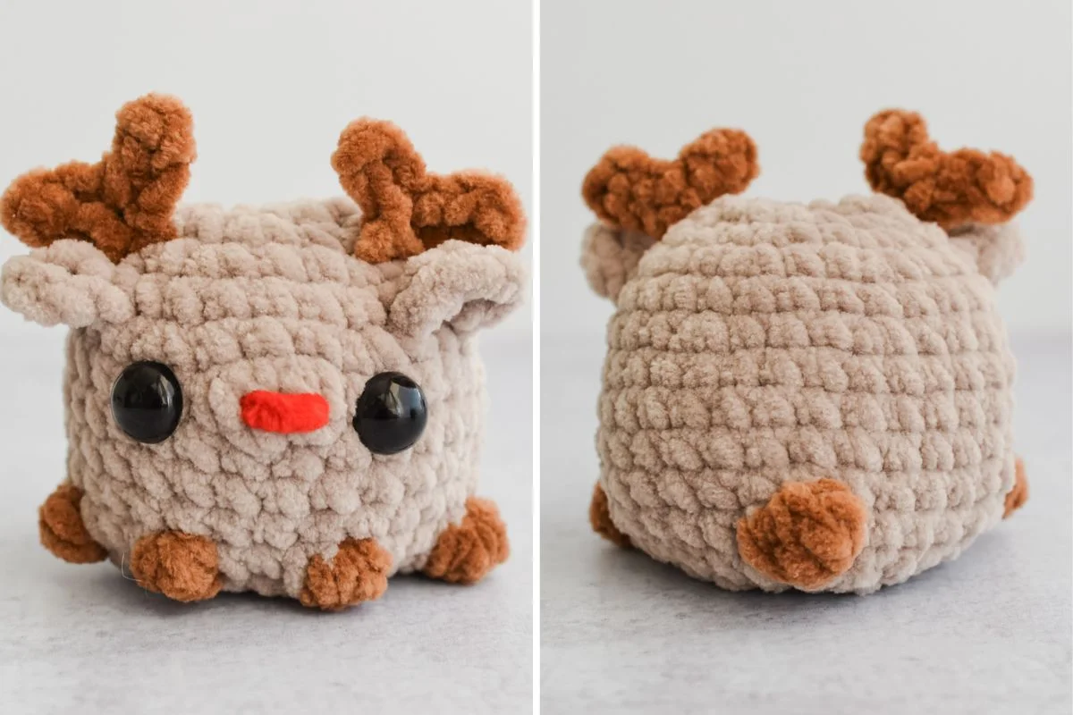 Front and back view of a meticulously crocheted plush toy, featuring charming antlers, round eyes, and a bright red nose that add character to this adorable creation.