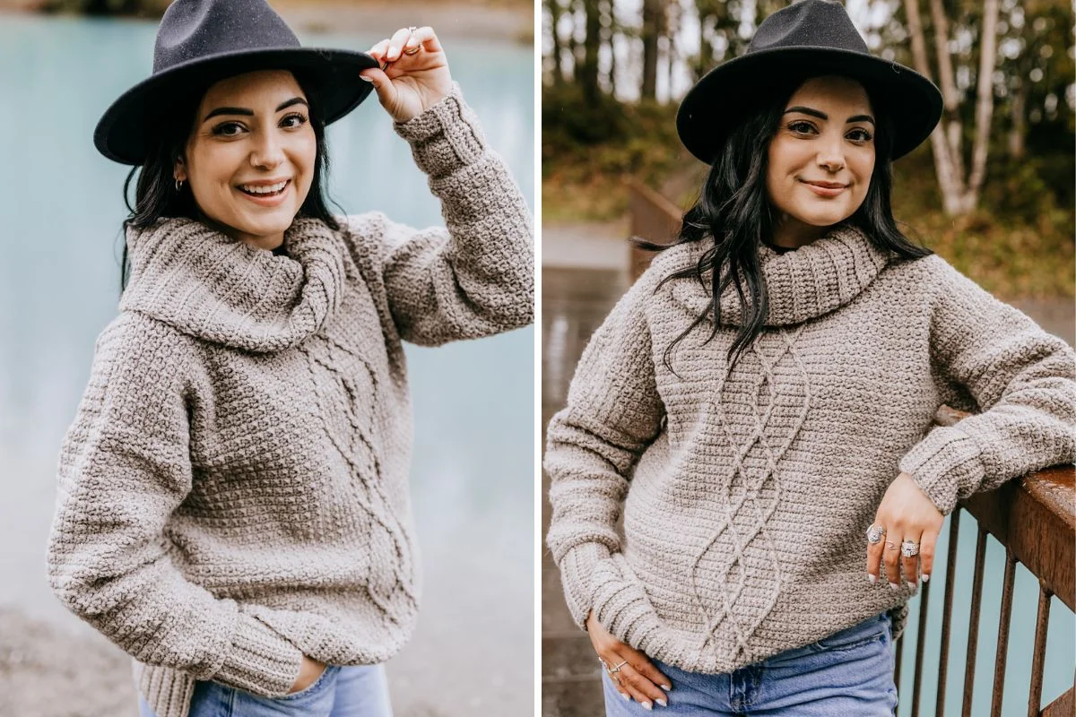 Two images showcase a person wearing a cozy cable crochet sweater and matching hat. Standing near water and a wooden railing, they're smiling confidently, with hands in pockets and adjusting the hat.