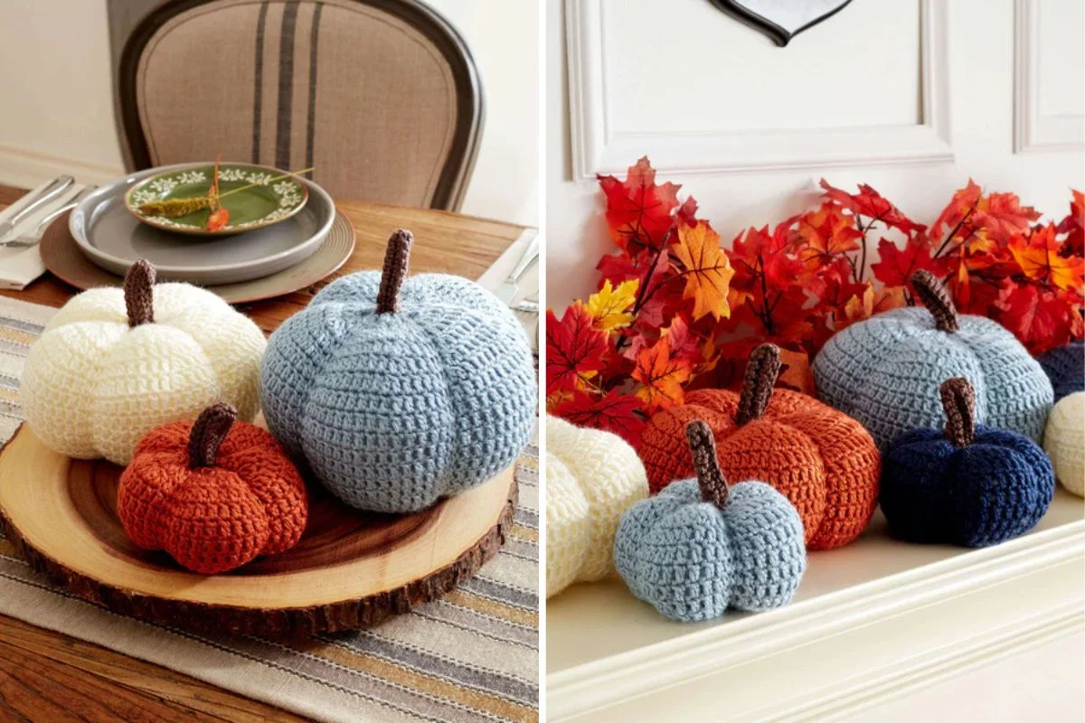 Crocheted pumpkins in various colors are artfully arranged on a dining table and mantel, surrounded by autumn leaves and tableware, creating an enchanting auto-draft of fall ambiance.