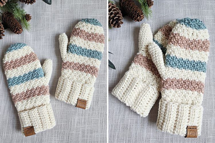 Two images of knit mittens featuring white, blue, and brown stripes. The left image shows them lying flat, while the right image depicts a subtle overlap. Pine cones and pine branches artfully surround the mittens, creating an inviting winter scene reminiscent of an Auto Draft setup.