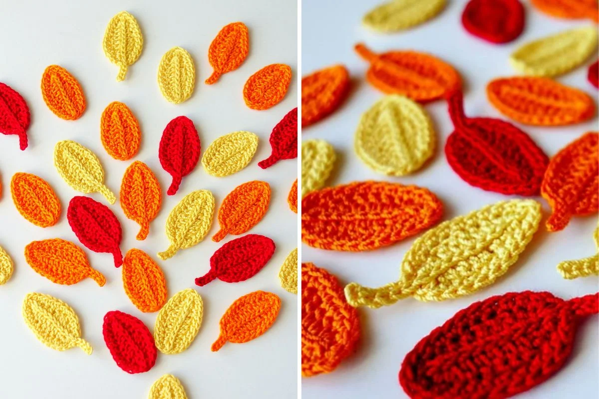 Crocheted fall leaves in red, orange, and yellow are arranged on a white surface. This charming autumn decoration's image is split into two sections, each showcasing a different angle. It's one of those easy fall crafts that capture the season's vibrant beauty.