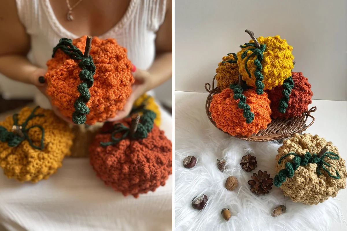 Crochet amigurumi pumpkins in orange, yellow, and beige.