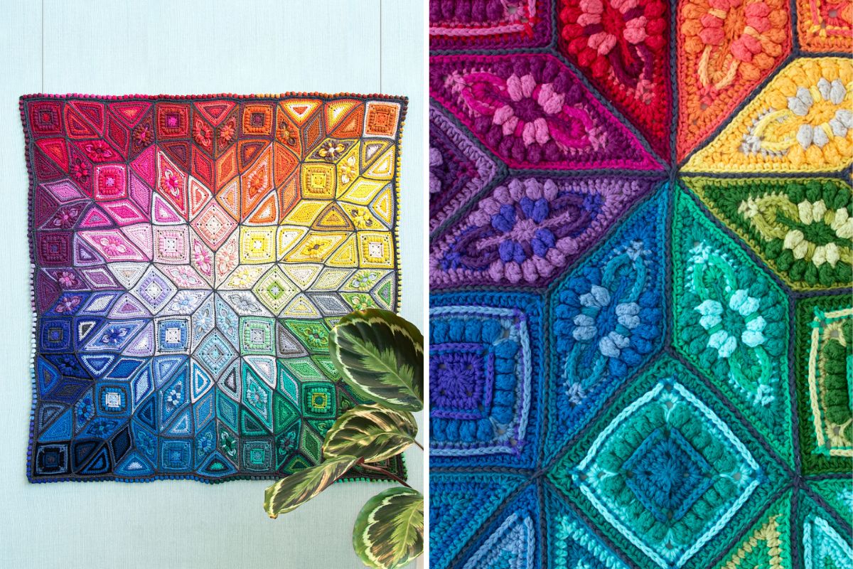 A colorful crochet blanket featuring geometric patterns is complemented by a vibrant crochet pumpkin and a plant in the foreground on the left. A close-up showcases intricate textured patterns along with charming crochet coasters on the right.