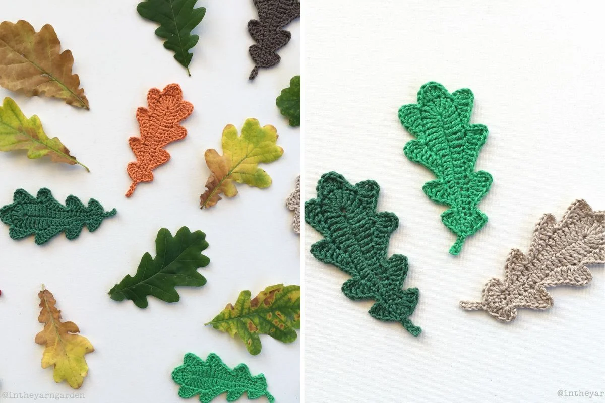 Colorful crochet oak leaves are artistically arranged on a light background.