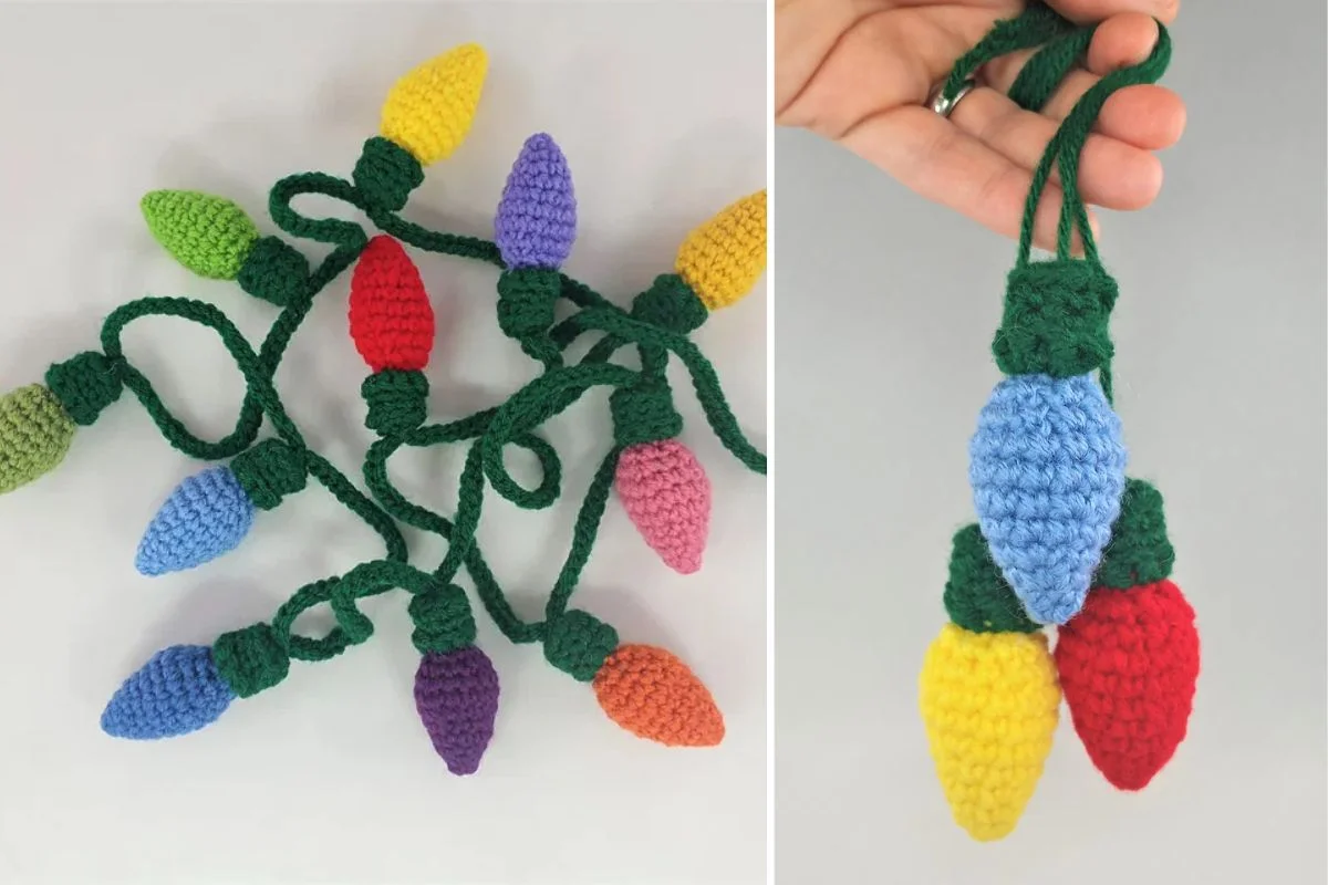 This scrap-buster crochet project features a string of colorful holiday lights with green cords. One image reveals a close-up of three lights in hand, while the other showcases the entire light garland. Perfect for adding a festive touch to any space!