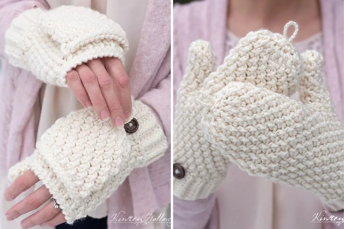 a person wearing a white crochet convertible mittens