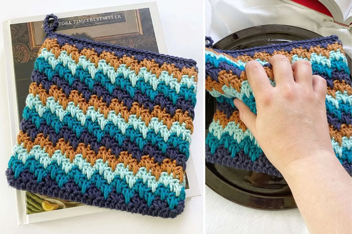 A hand holding a vibrant, multicolored crocheted potholder, riding the waves of heat on a baking sheet; another image captures it resting gracefully on a book.