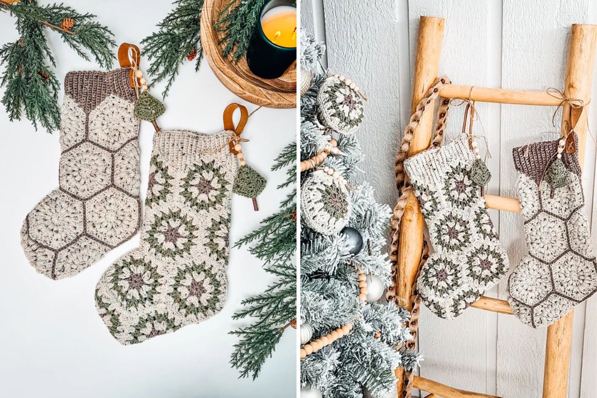 Two images showcase granny-style crocheted stockings with hexagonal patterns in cream, green, and brown hues. They are gracefully displayed on a wooden ladder, surrounded by lush pine branches.