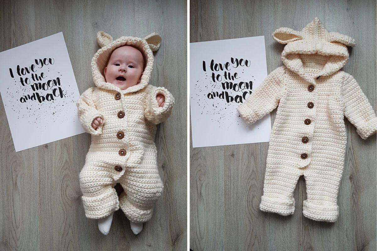 A baby in a bear-themed crocheted suit lies beside a sign that reads "I love you to the moon and back," capturing a moment too precious for an auto draft.