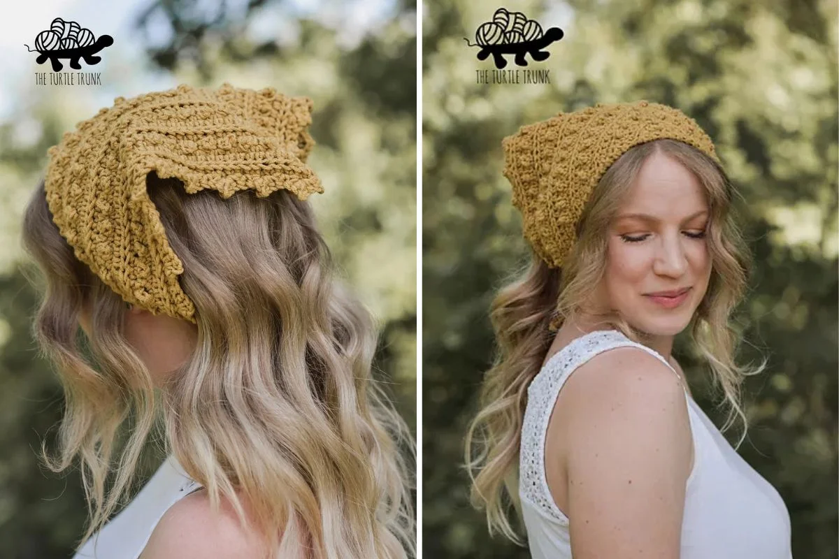 a woman wearing a yellow crochet bandana with a picot border