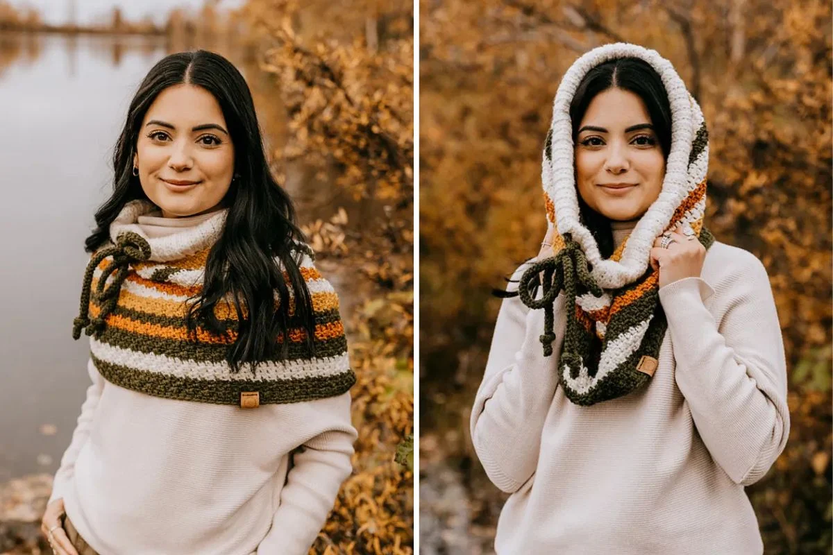 a woman wearing a warm crochet cowl