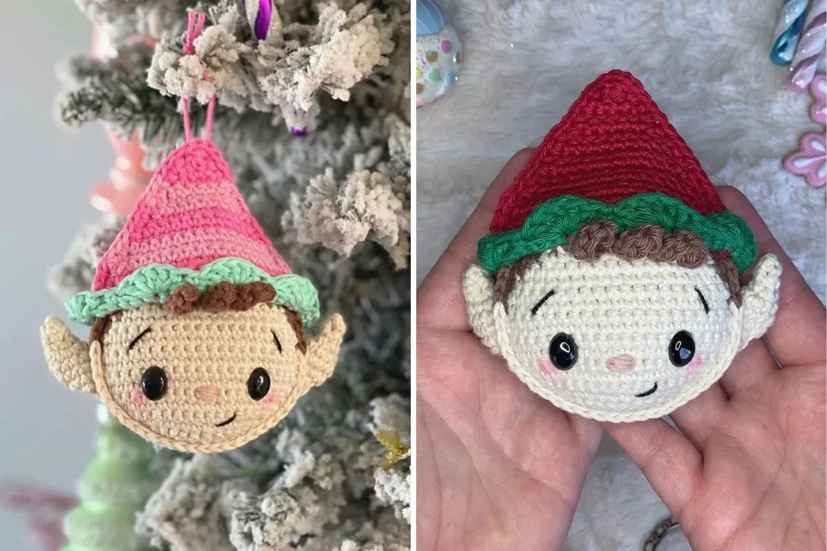 Two crocheted elf ornaments make perfect holiday decor: one hangs on a snowy tree with a pink hat, while the other is held in hands, sporting a red hat with green trim. Both feature cute smiling faces, making them ideal Christmas decorations.