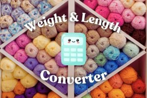 Colorful yarn skeins neatly arranged in a diamond-shaped shelf with a cute calculator icon at the center. Text reads: "Weight & Length Converter.