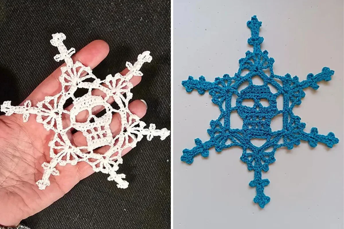 Two crocheted snowflakes serve as delicate ornaments: one white held in a hand and one blue resting gracefully on a flat surface.