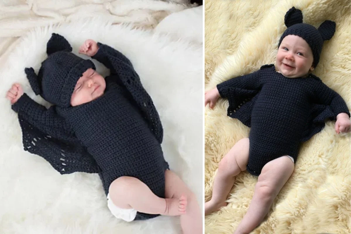 Two adorable images capture a baby snugly wrapped in a crochet black bat costume, resting on soft, fuzzy blankets.