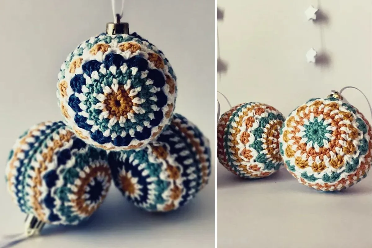 Crocheted baubles with multicolored circular patterns are shown stacked on the left and laid out on the right against a neutral background, perfect for adding a festive touch to your Christmas decor.