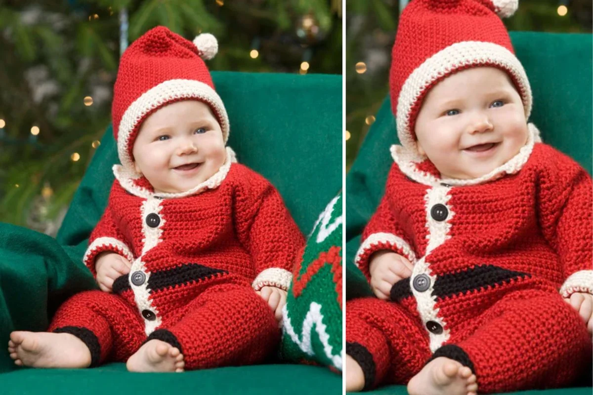 A baby in a red and white crocheted Santa outfit sits on a green chair, smiling like an auto draft of holiday joy. A Christmas tree twinkles in the background.