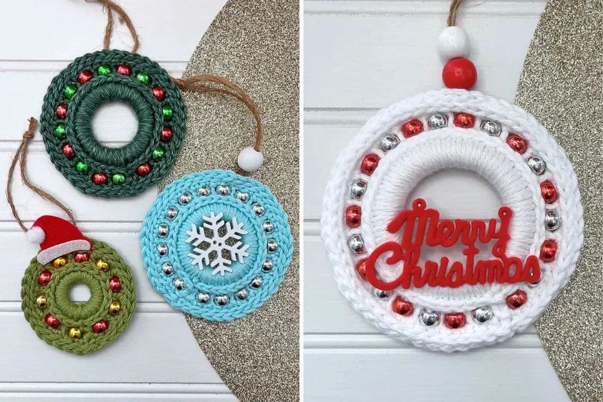 Beaded Christmas wreath ornaments: one green with a Santa hat, one blue with a snowflake, and one white with "Merry Christmas" adorned in red and silver beads on a textured background.