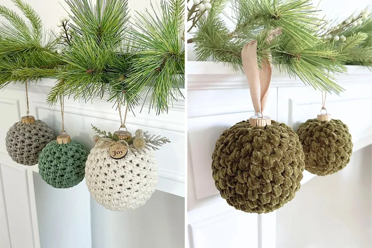 Crocheted ball ornaments hang from a green garland above a white fireplace, adding a charming touch to the Christmas decor.