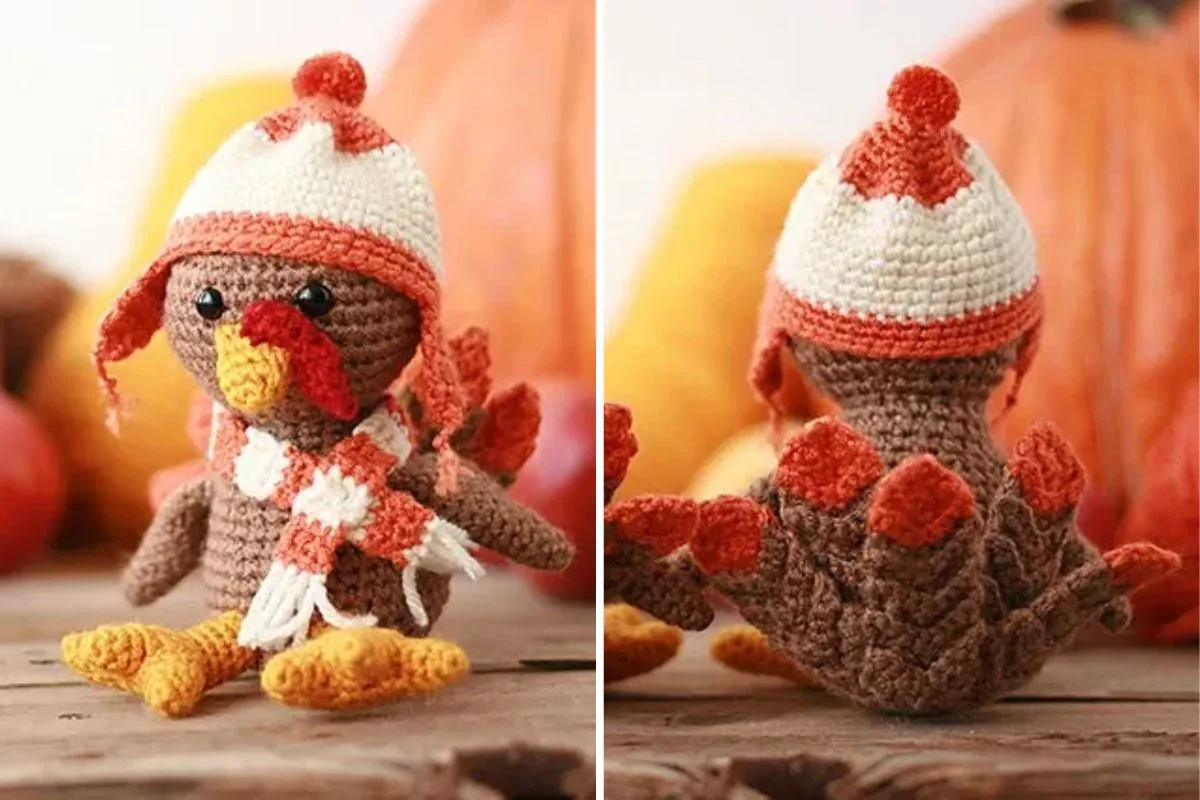 a crochet turkey amigurumi wearing a scarf and hat with a pom pom