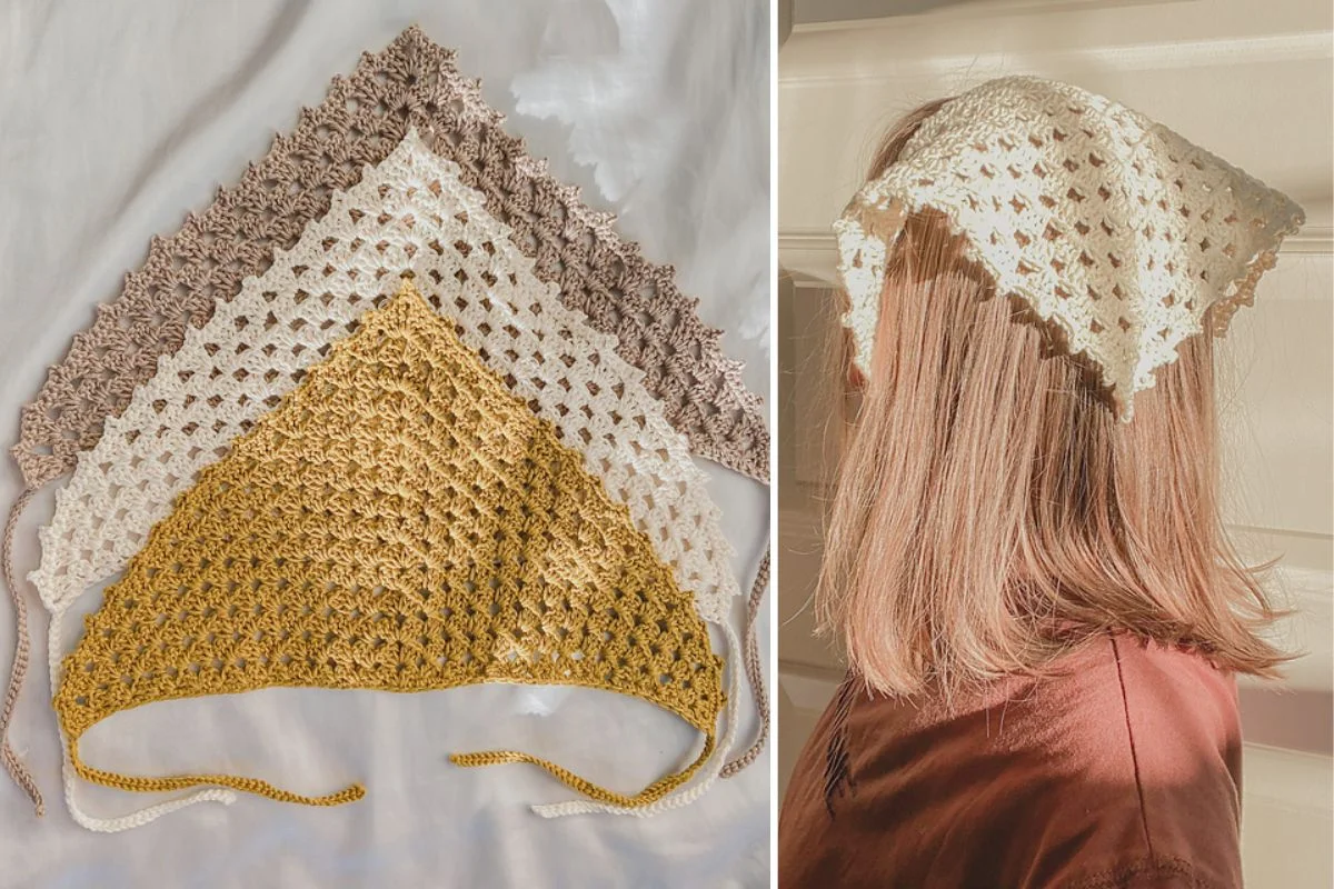 Granny Triangle crochet bandanas in yellow, white, and brown are displayed on a surface. A person models the white bandana over their hair.