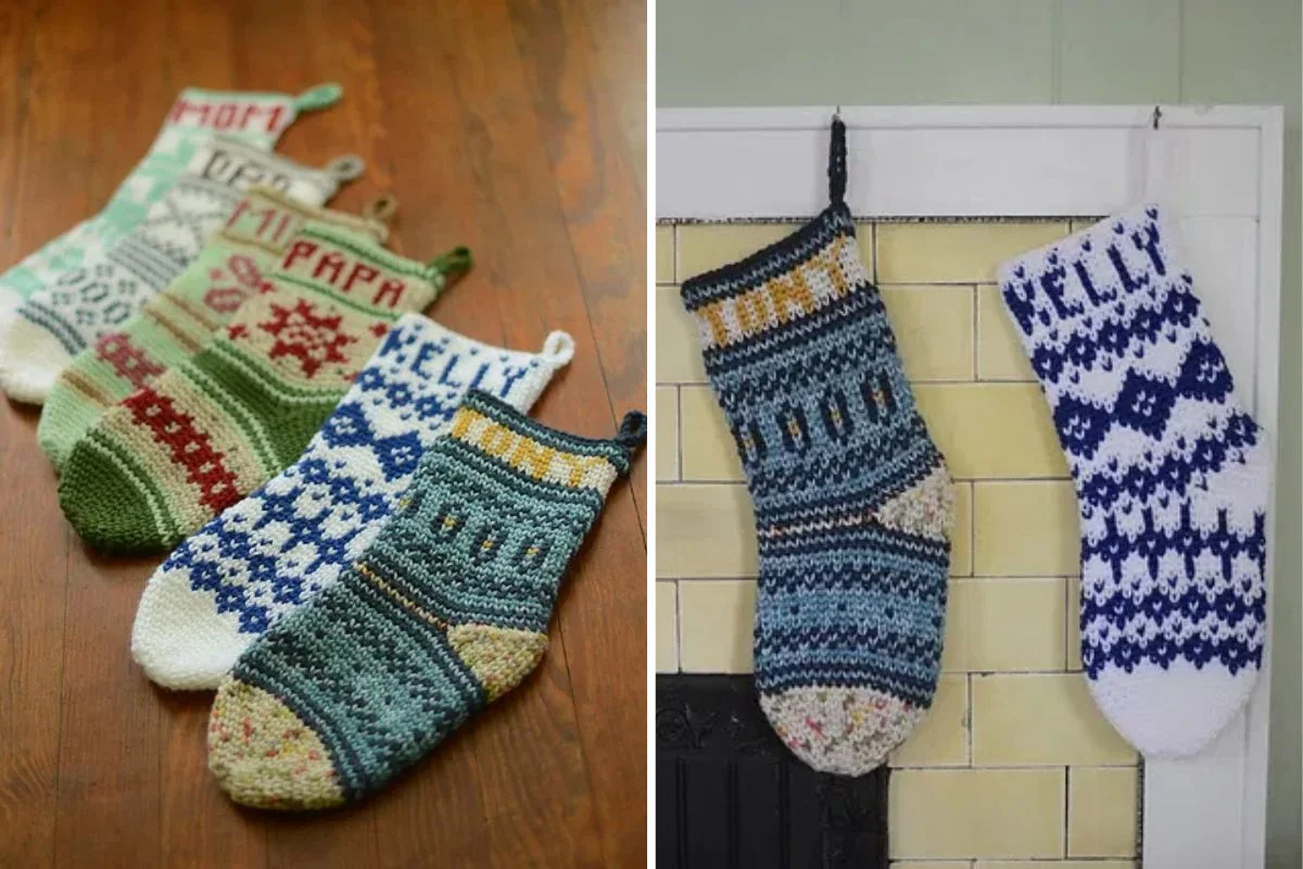 a set of colorful crochet christmas stockings