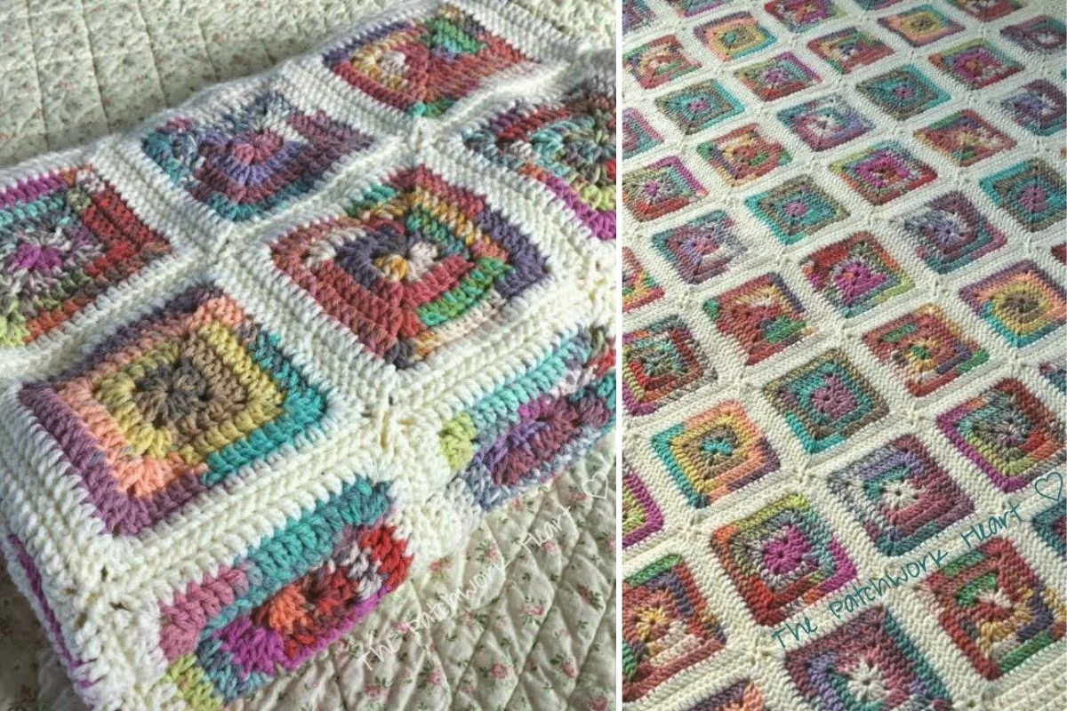 This vibrant crofter-style crocheted blanket features multicolored squares set against a quilted background.