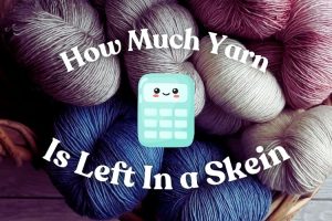 Yarn calculator icon on a background of colorful skeins with text "How Much Yarn Is Left In a Skein.