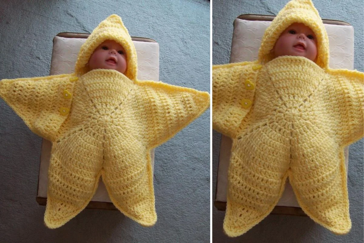 A baby in a yellow, star-shaped crochet outfit lies on a cushion, resembling the playful notes of "Twinkle Twinkle.