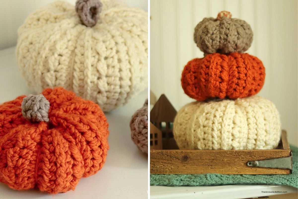 Two images of crocheted pumpkins capture the essence of fall: one with a close-up of chunky orange and white pumpkins, and the other showcasing a stack of vibrant orange, white, and brown pumpkins on a tray.