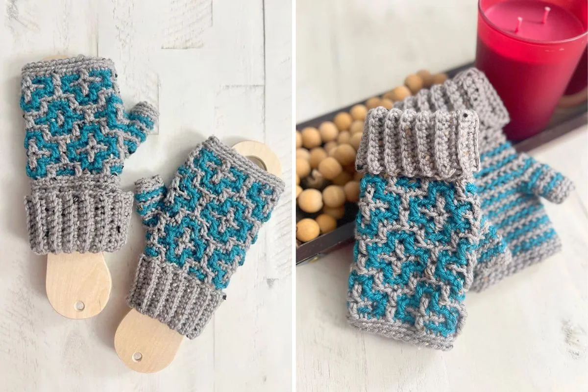 a pair of crochet fingerless mittens with a blue mosaic design