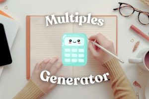 Person writing in a notebook with a pen, surrounded by a coffee cup and glasses. Overlay text reads "Multiples Generator" with a cartoon calculator and skein of yarn illustration in the center.