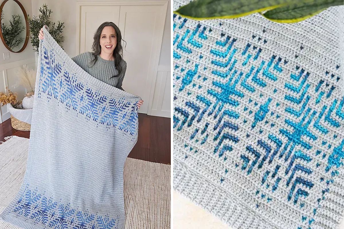 Person holding a handmade gray crocheted mosaic blanket with blue geometric patterns. Close-up of the blanket on the right evokes a feeling of winter freeze.