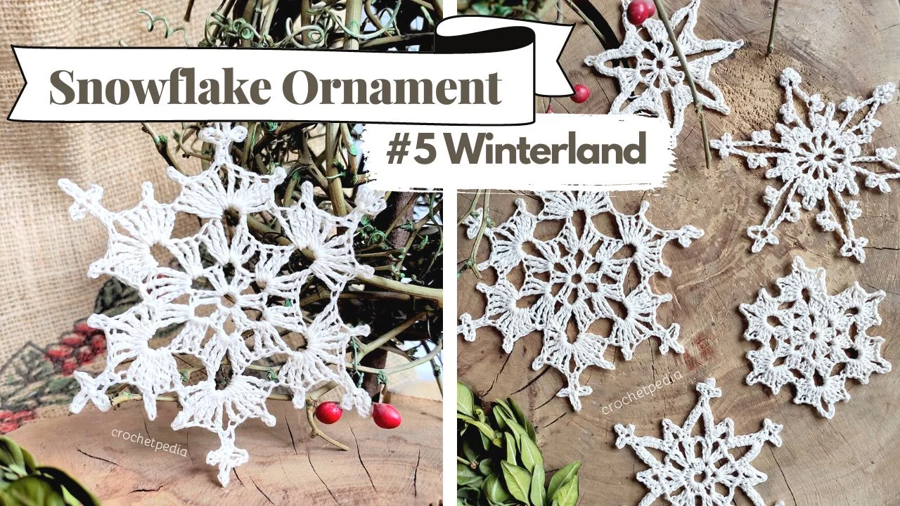 Crochet crystal star snowflake ornaments displayed on a wooden surface with berries and foliage. Banner reads "Snowflake Ornament #5 Winterland.