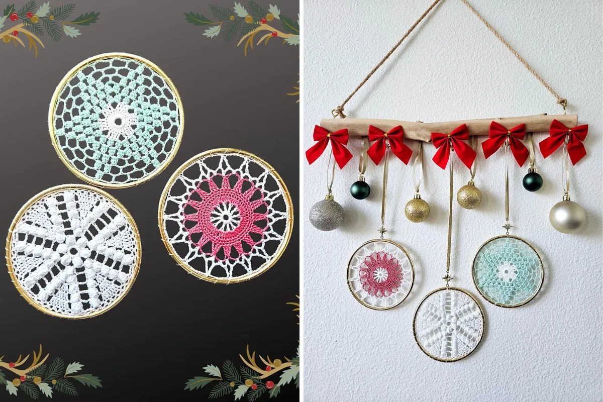 Two decorative displays: the left treats the eye with three crocheted circles adorned in holiday trim, while the right features a wall hanging crafted from bows, baubles, and crocheted circles on a wooden dowel.