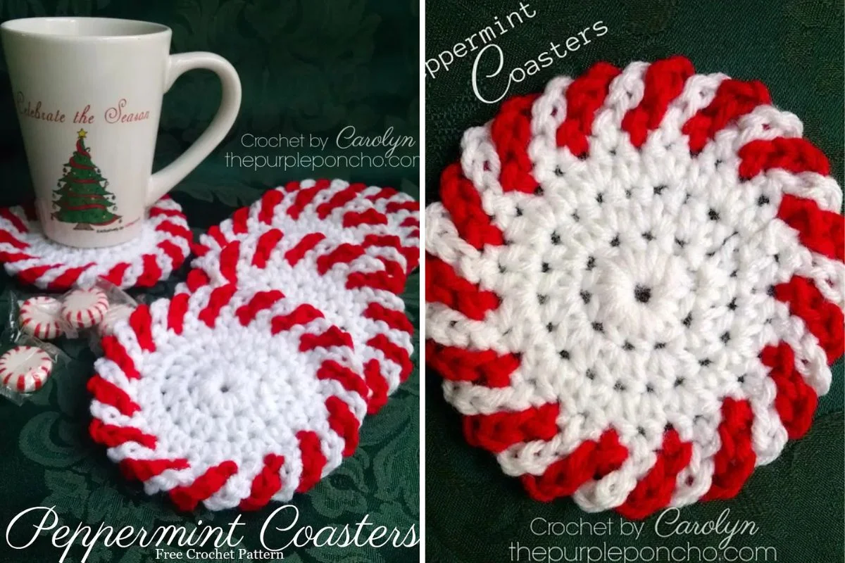 Crocheted coasters with a peppermint theme in vibrant red and white, paired perfectly with a festive mug against a rich green backdrop. Text: "Peppermint Coasters, Free Crochet Pattern, Crochet by Carolyn, thepurpleponcho.com.