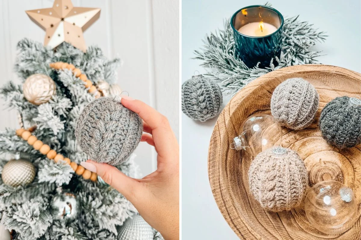 a set of beautiful crochet bauble ornaments with a braided design