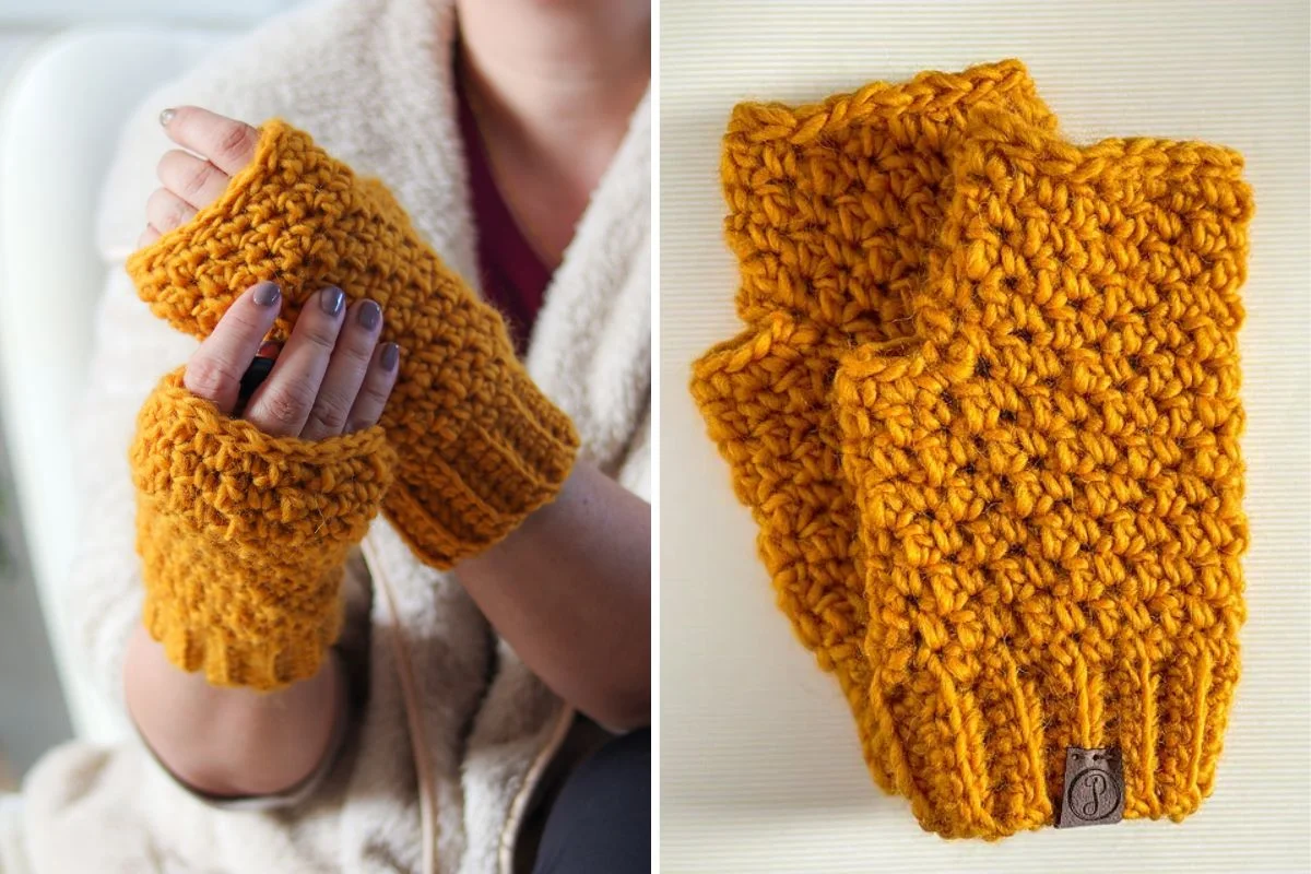 A person wearing mustard yellow crochet fingerless gloves captures the essence of autumn. The same cozy gloves, complementing any shawl, are shown on the right laid flat, ready for you to embrace their warm rhapsody.