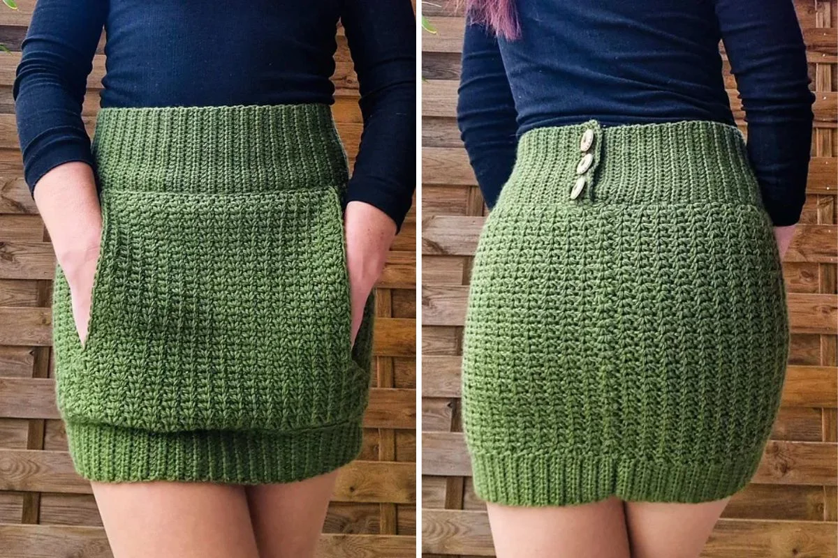 Two views of a green crochet mini skirt: front with a large pouch pocket, back with three buttons on the waistband, worn by a person in a black top.