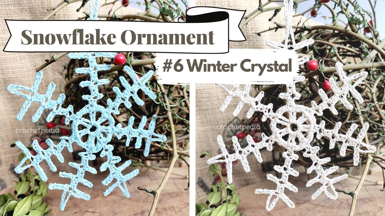 Two crocheted snowflake ornaments, one resembling a crystal star in blue and the other in white, are hanging on branches adorned with red berries. Text above reads "Snowflake Ornament #6 Winter Crystal.