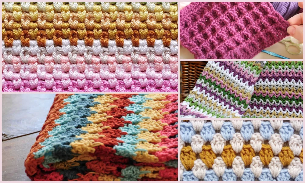 A collage of colorful crocheted blankets showcases various crochet stitches in shades of pink, purple, white, and multicolor.