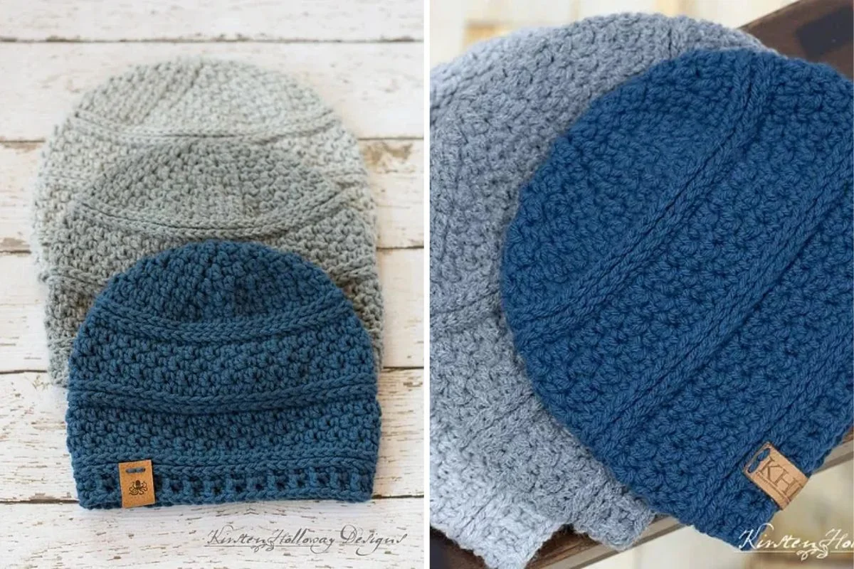 three crochet beanies in blue and grey colors