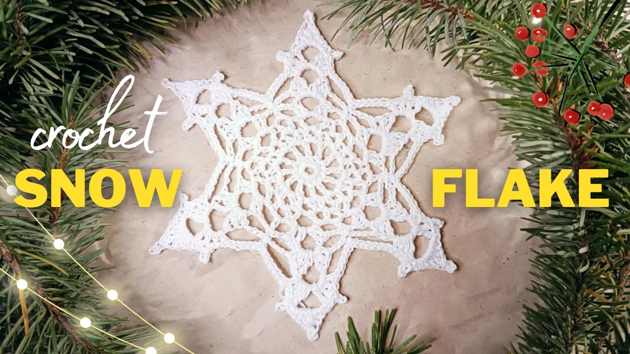 Noelle Crochet Snowflake design features intricate patterns on a beige background, surrounded by pine branches and berries. The text "Noelle Crochet Snowflake" appears in elegant white and yellow.