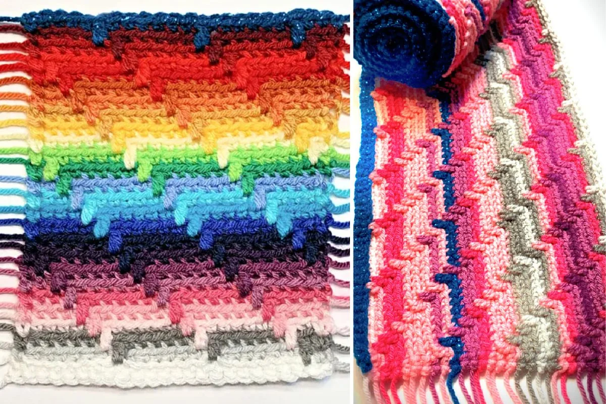 Two crocheted blankets in vibrant patterns: one, a temperature afghan with a rainbow zigzag design and fringes; the other rolled, showcasing CAL-inspired zigzag stripes in pink, red, gray, and white.