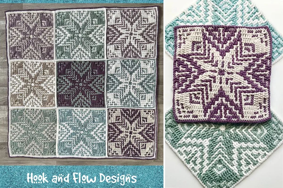 The Spirit of the Stars mosaic crochet throw features nine star-patterned squares in green, grey, and purple hues. The Hook and Flow Designs logo is elegantly placed at the bottom left.