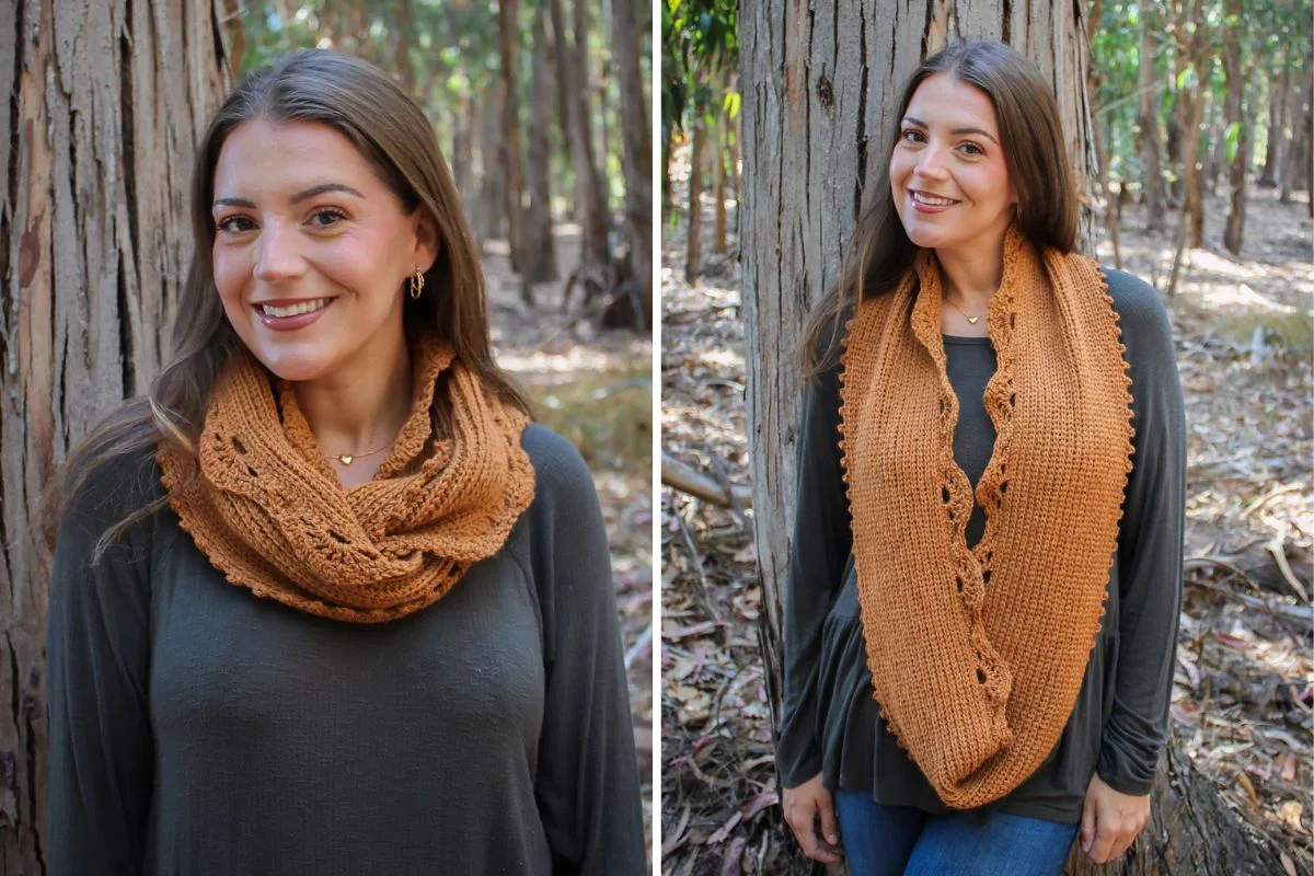 a woman wearing an orange crochet cowl