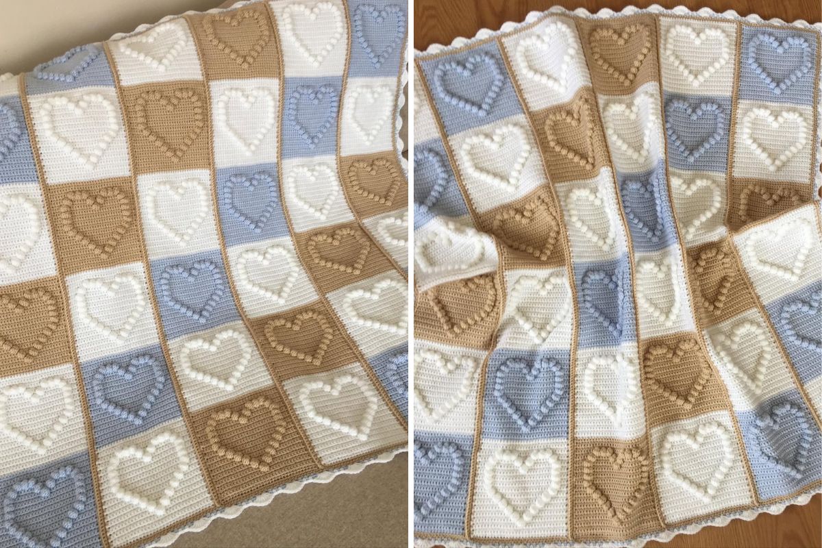 A crochet blanket featuring a checkered pattern of blue, white, and beige squares with embossed heart designs.